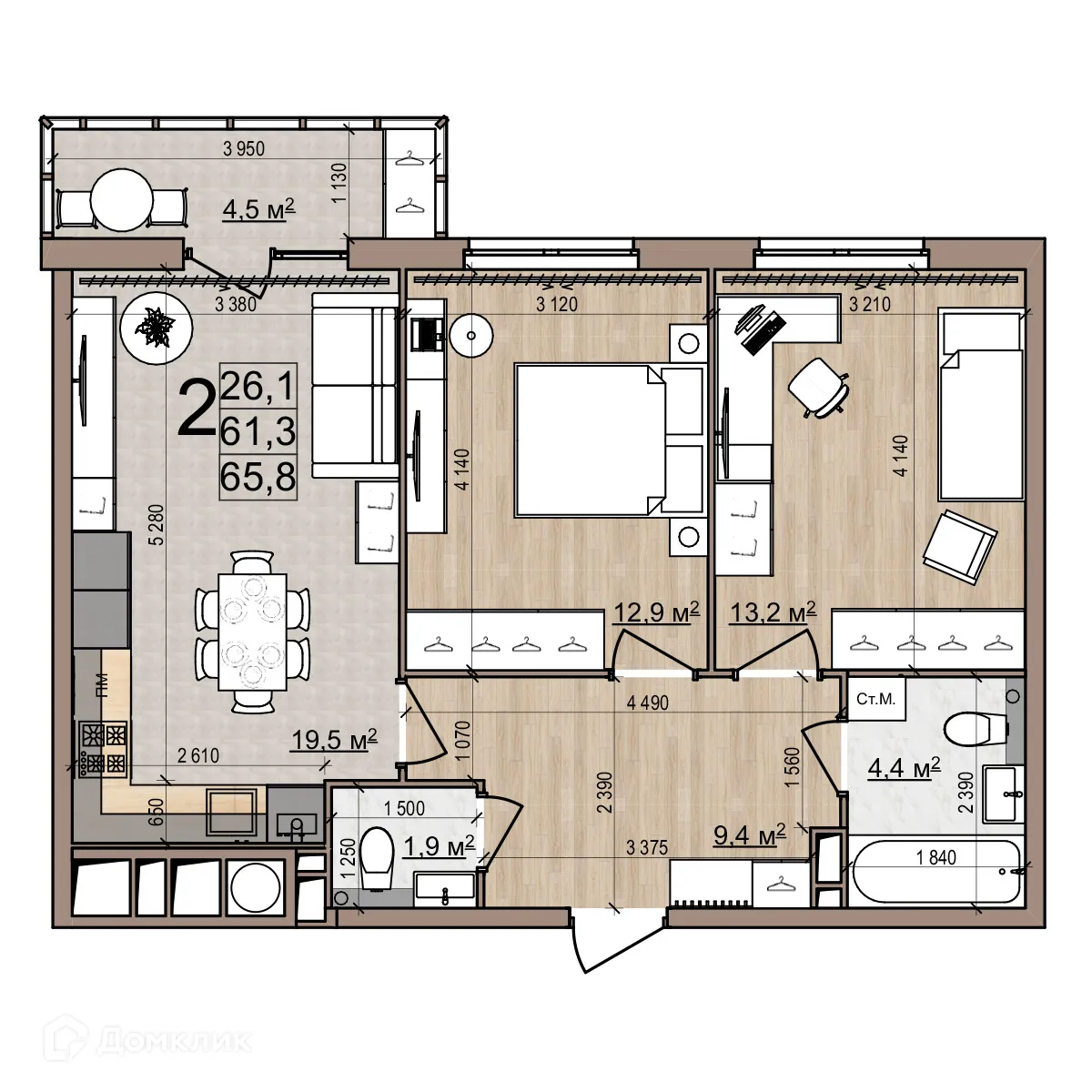 Планировка 2-комнатной квартиры 65.8 м² в ЖК Еврокласс-5, г. Рязань — фото 2