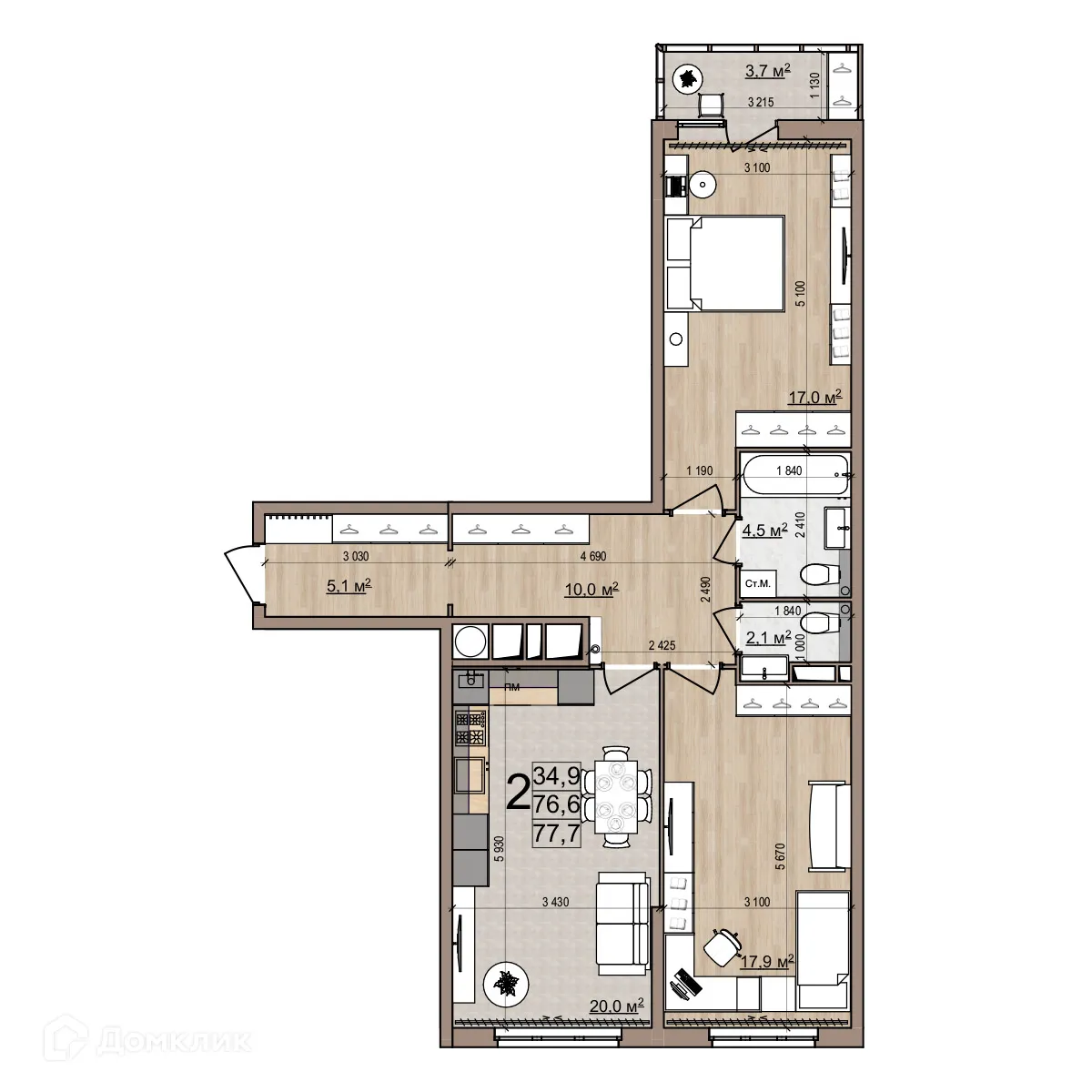 Планировка 2-комнатной квартиры 80.3 м² в ЖК Еврокласс-5, г. Рязань — фото 4