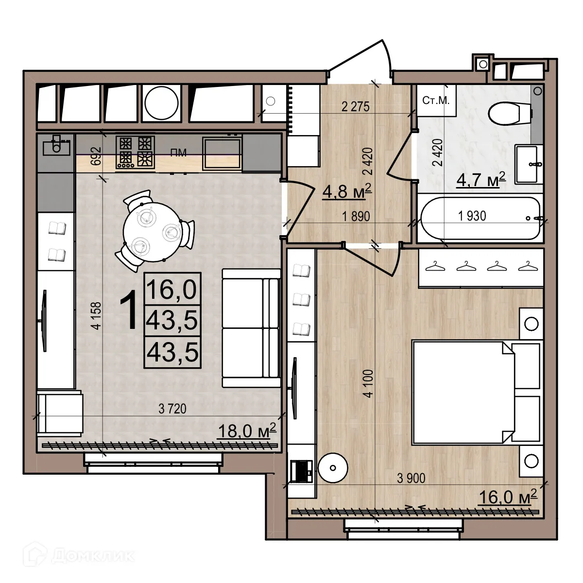 Планировка 1-комнатной квартиры 47.1 м² в ЖК Еврокласс-5, г. Рязань — фото 1