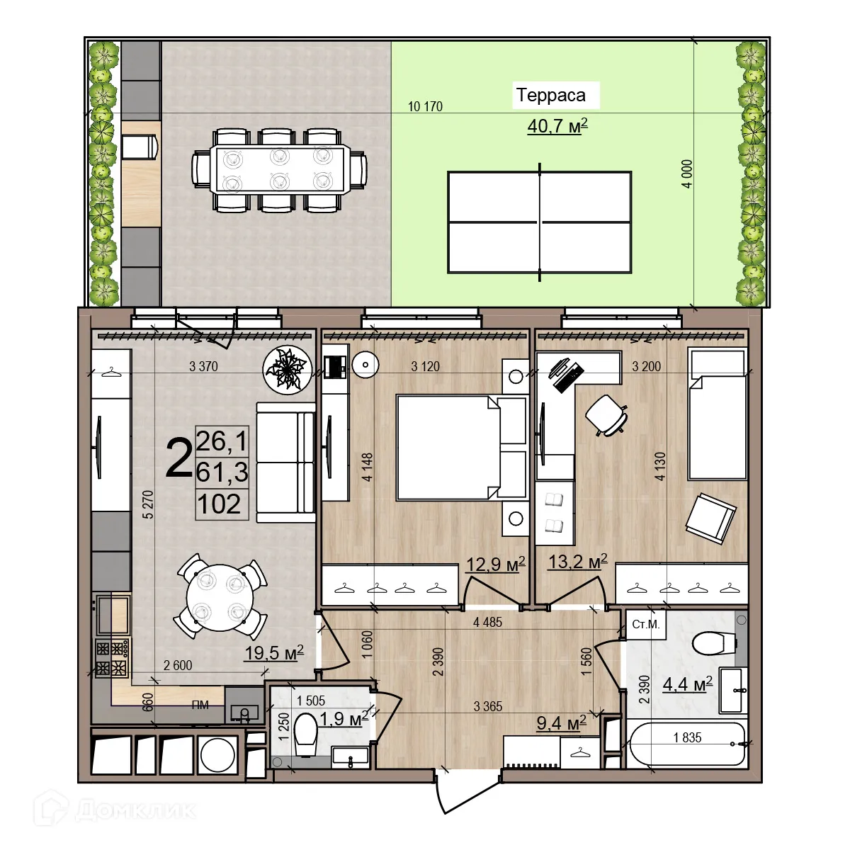 Планировка 2-комнатной квартиры 102 м² в ЖК Еврокласс-5, г. Рязань — фото 4