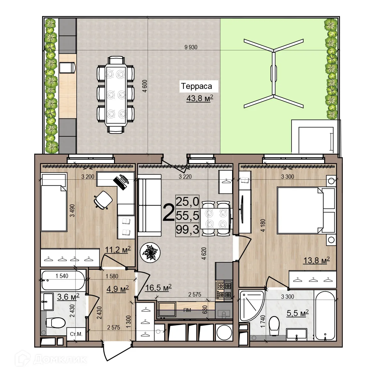 Планировка 2-комнатной квартиры 99.3 м² в ЖК Еврокласс-5, г. Рязань — фото 4