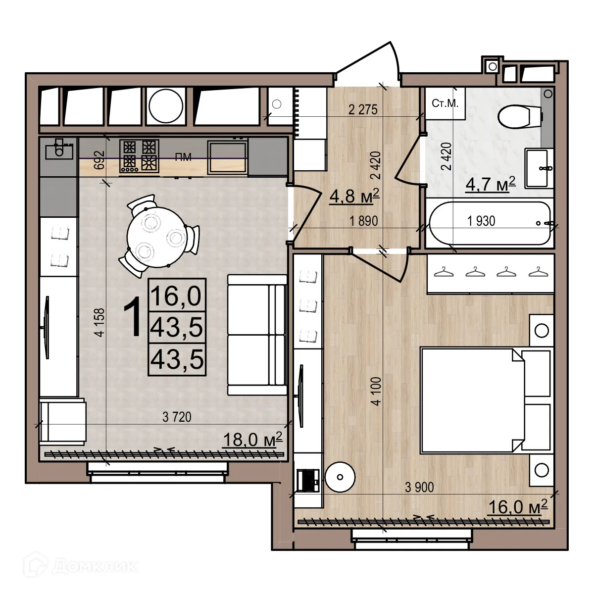 Планировка 1-комнатной квартиры 43.5 м² в ЖК Еврокласс-5, г. Рязань — фото 1