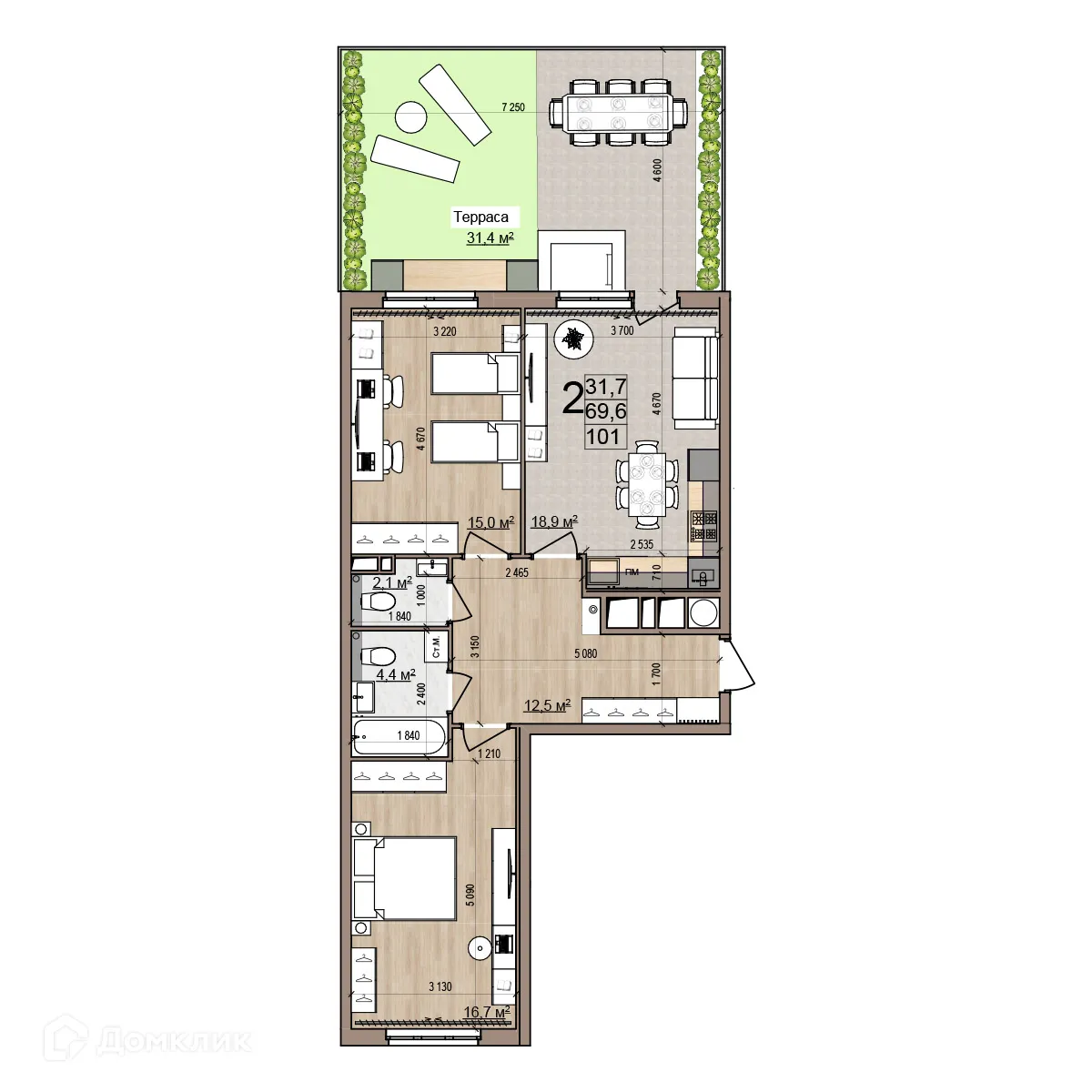 Планировка 2-комнатной квартиры 101 м² в ЖК Еврокласс-5, г. Рязань — фото 4