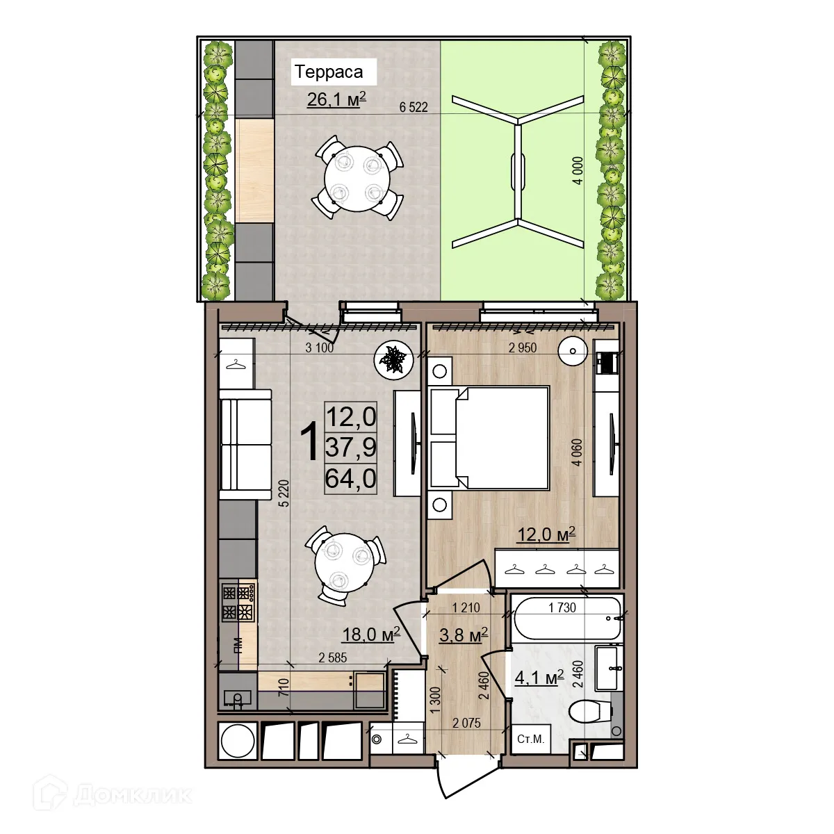 Планировка 1-комнатной квартиры 64 м² в ЖК Еврокласс-5, г. Рязань — фото 2