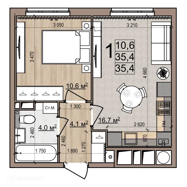 Планировка 1 комн. в ЖК Еврокласс-5