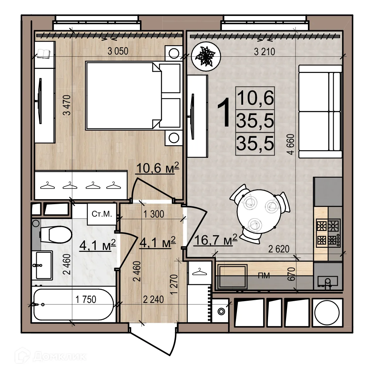 Планировка 1-комнатной квартиры 35.5 м² в ЖК Еврокласс-5, г. Рязань — фото 1