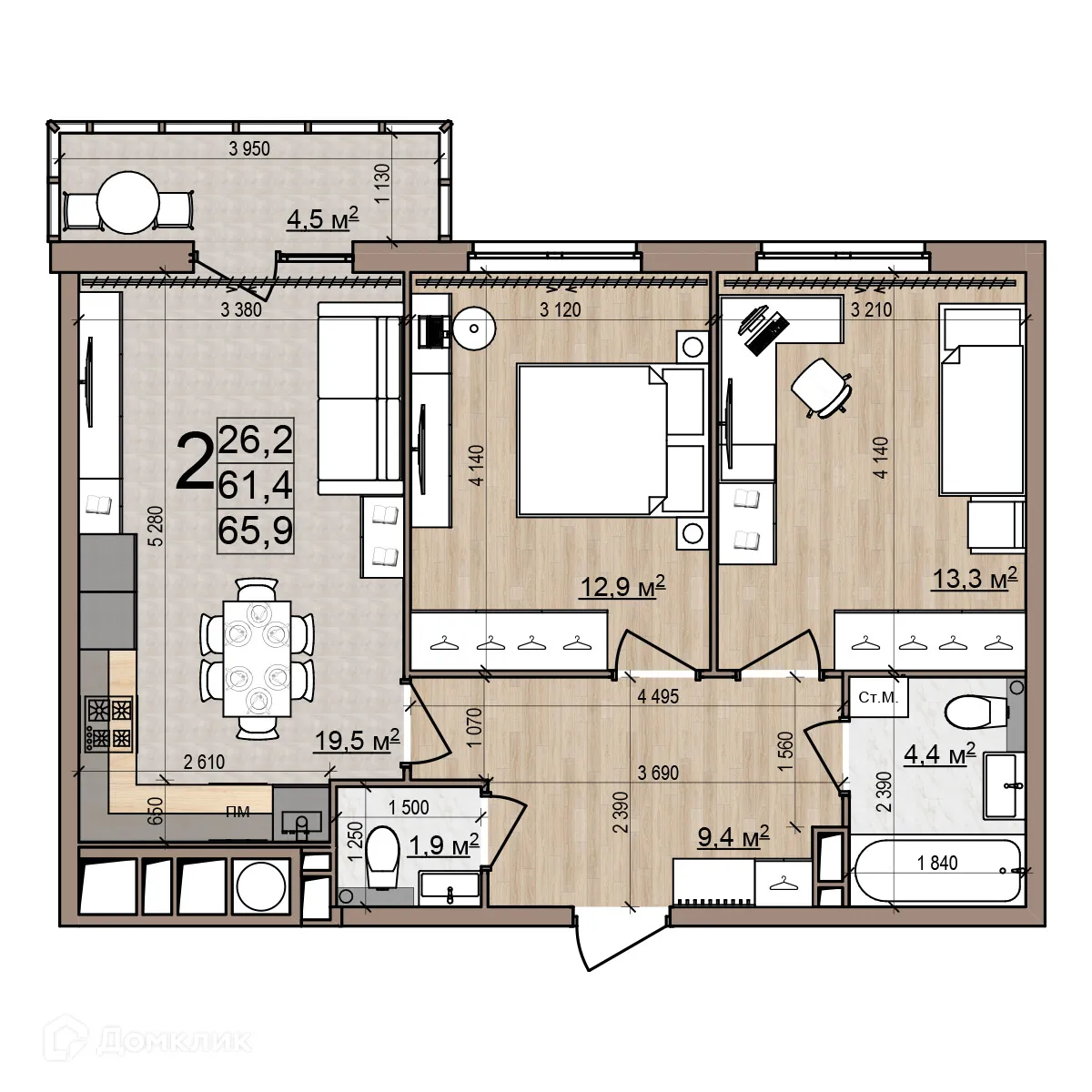Планировка 2-комнатной квартиры 65.9 м² в ЖК Еврокласс-5, г. Рязань — фото 3
