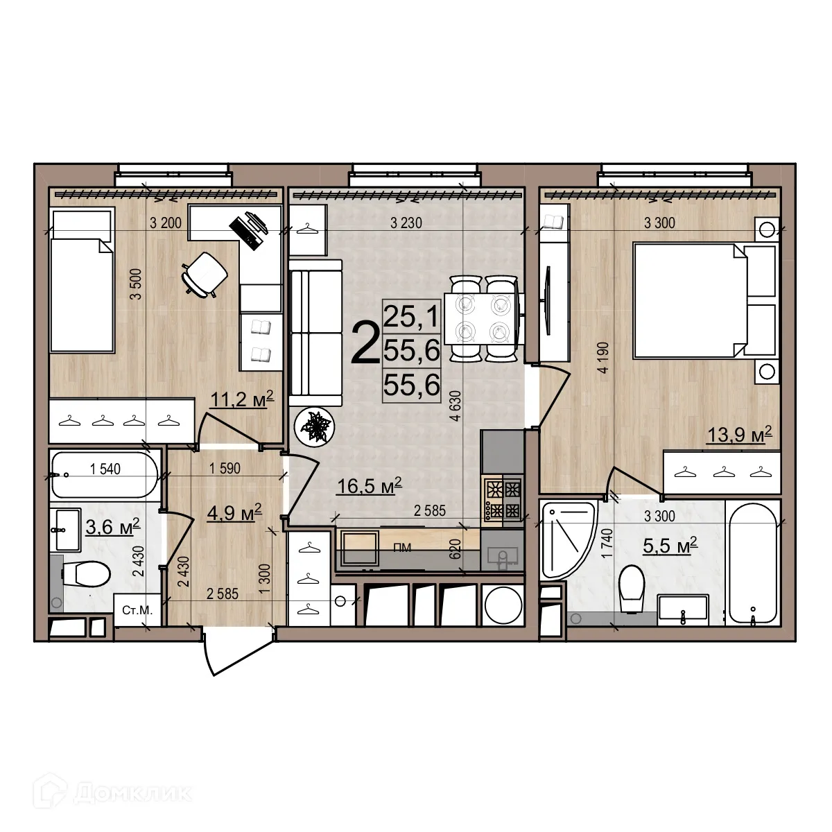 Планировка 2-комнатной квартиры 55.6 м² в ЖК Еврокласс-5, г. Рязань — фото 3
