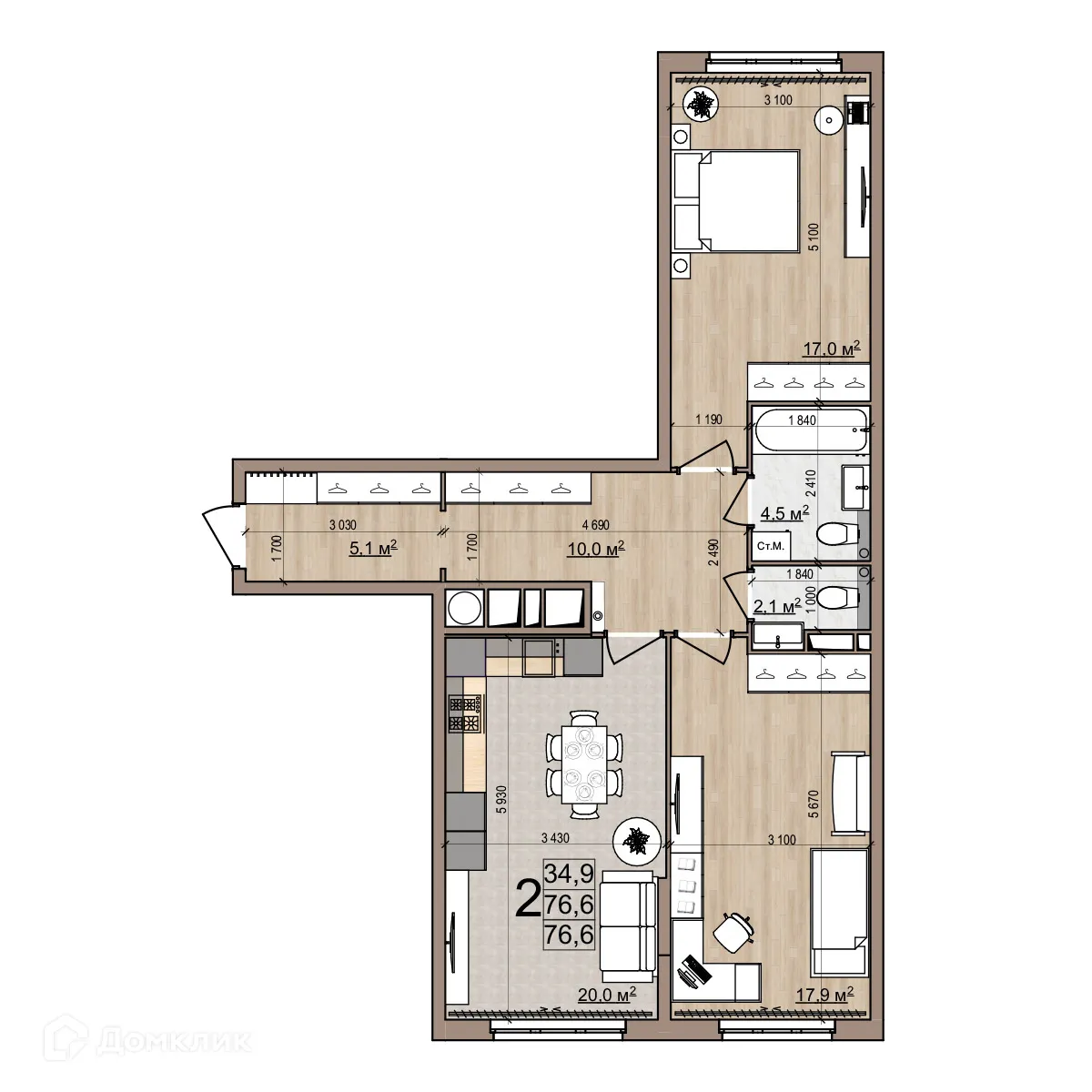 Планировка 2-комнатной квартиры 76.6 м² в ЖК Еврокласс-5, г. Рязань — фото 4