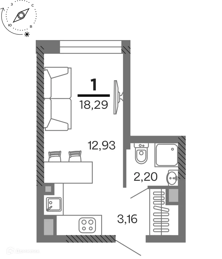 Планировка 1-комнатной квартиры 18.29 м² в ЖК город Рязань, Улица Зубковой, г. Рязань — фото 1
