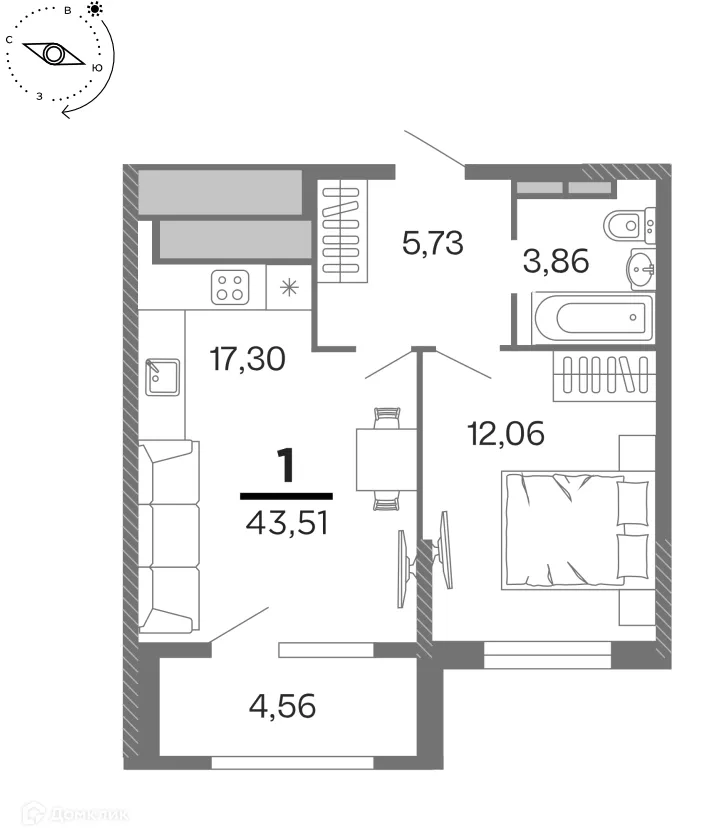 Планировка 1-комнатной квартиры 43.51 м² в ЖК "Бирюзова Парк", г. Рязань — фото 1