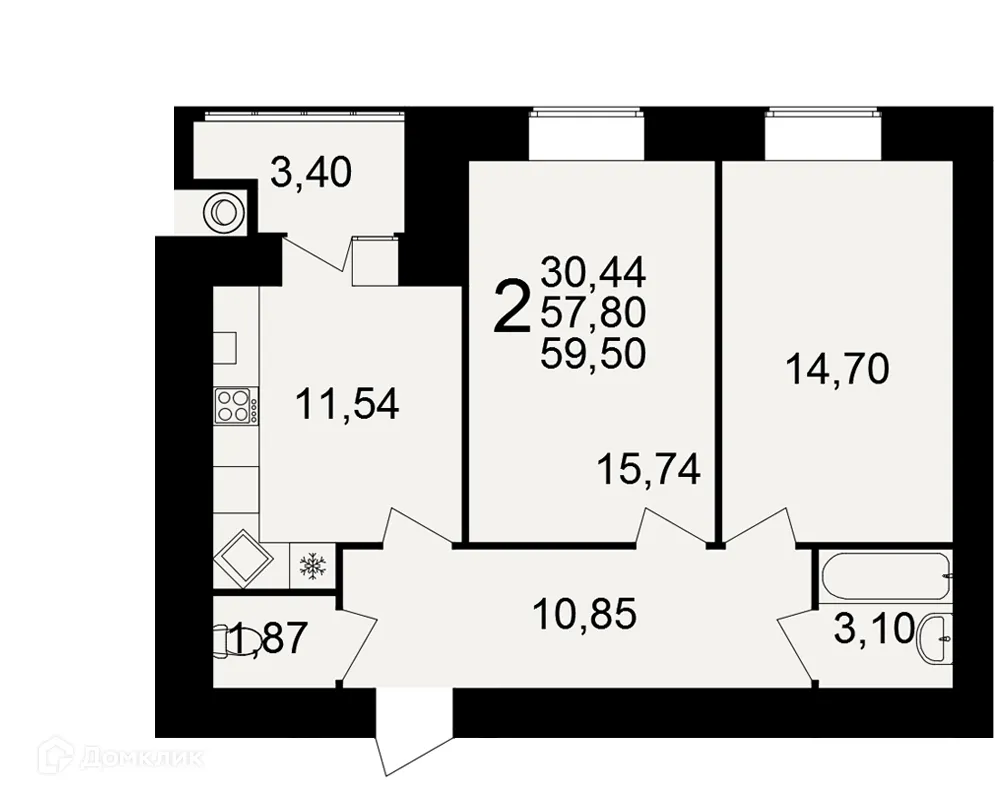 Планировка 2-комнатной квартиры 59.5 м² в ЖК Видный, г. Рязань — фото 1