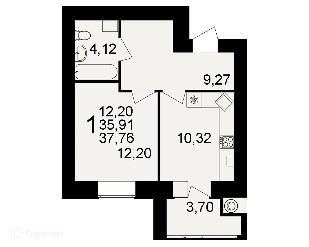 Планировка 1-комнатной квартиры 37.76 м² в ЖК Видный, г. Рязань — фото 1