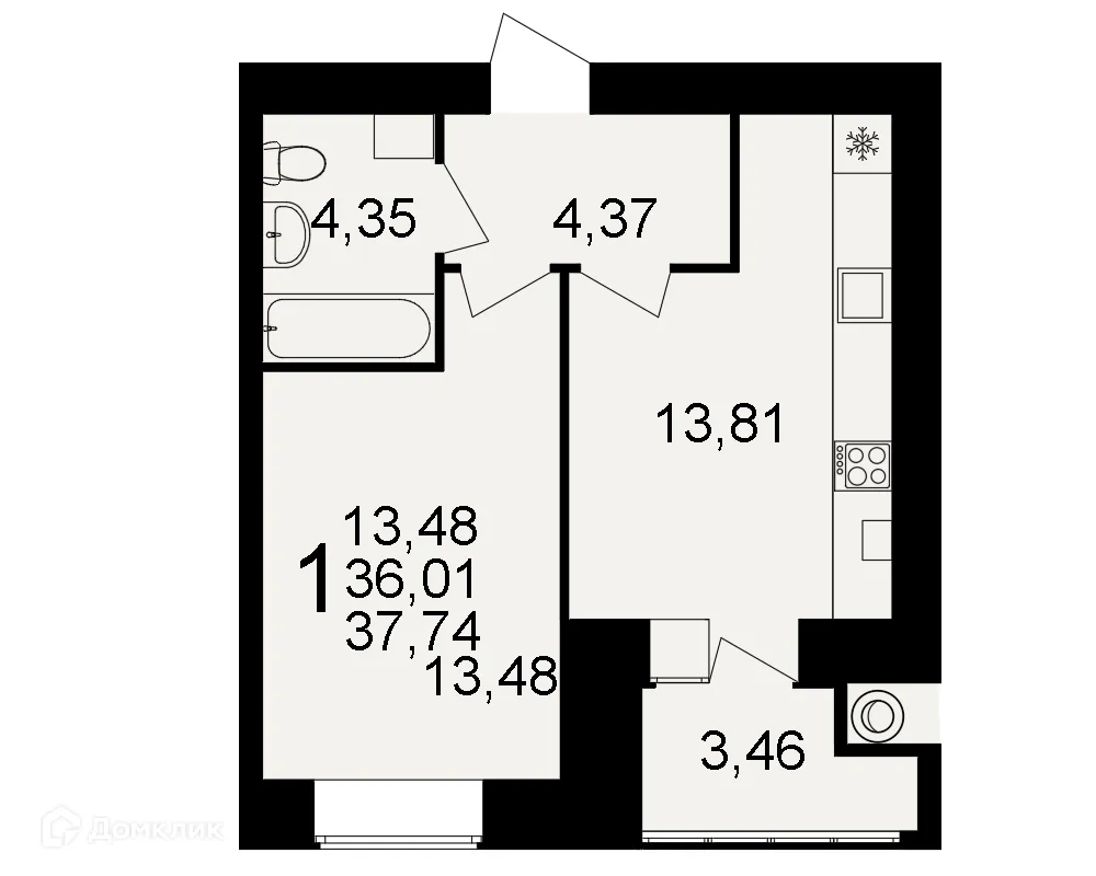 Планировка 1-комнатной квартиры 37.74 м² в ЖК Видный, г. Рязань — фото 2