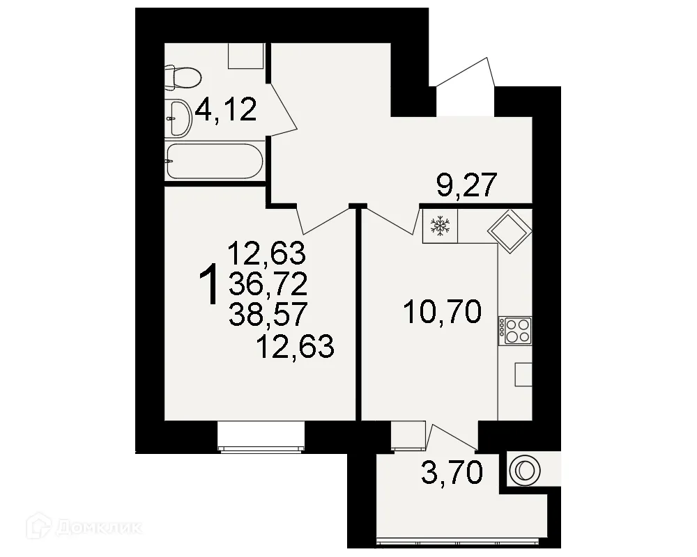 Планировка 1-комнатной квартиры 38.57 м² в ЖК Видный, г. Рязань — фото 2