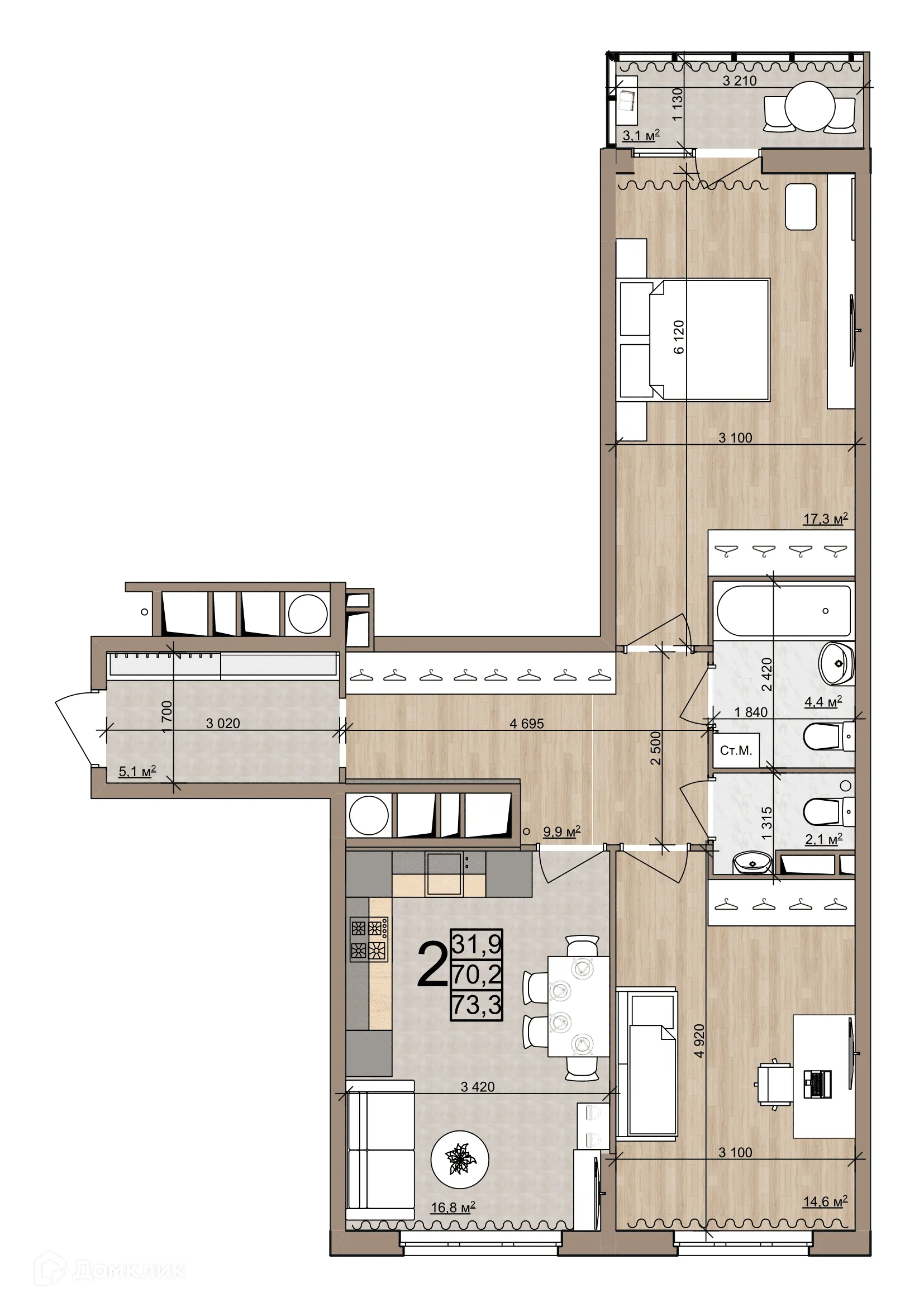 Планировка 2-комнатной квартиры 73.3 м² в ЖК Еврокласс-4, г. Рязань — фото 3