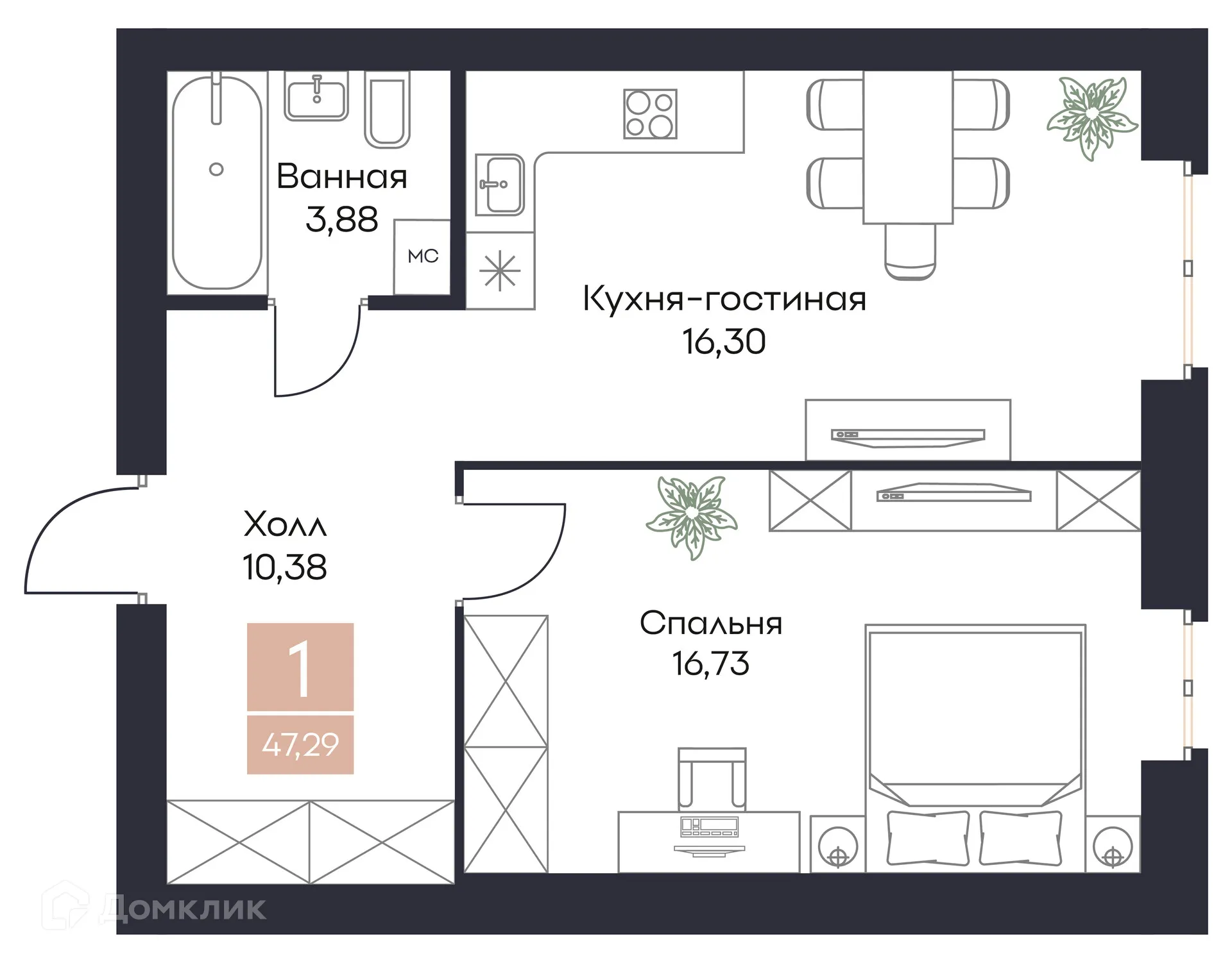 Планировка 1-комнатной квартиры 47.29 м² в ЖК Резиденция Поляна, г. Рязань — фото 1