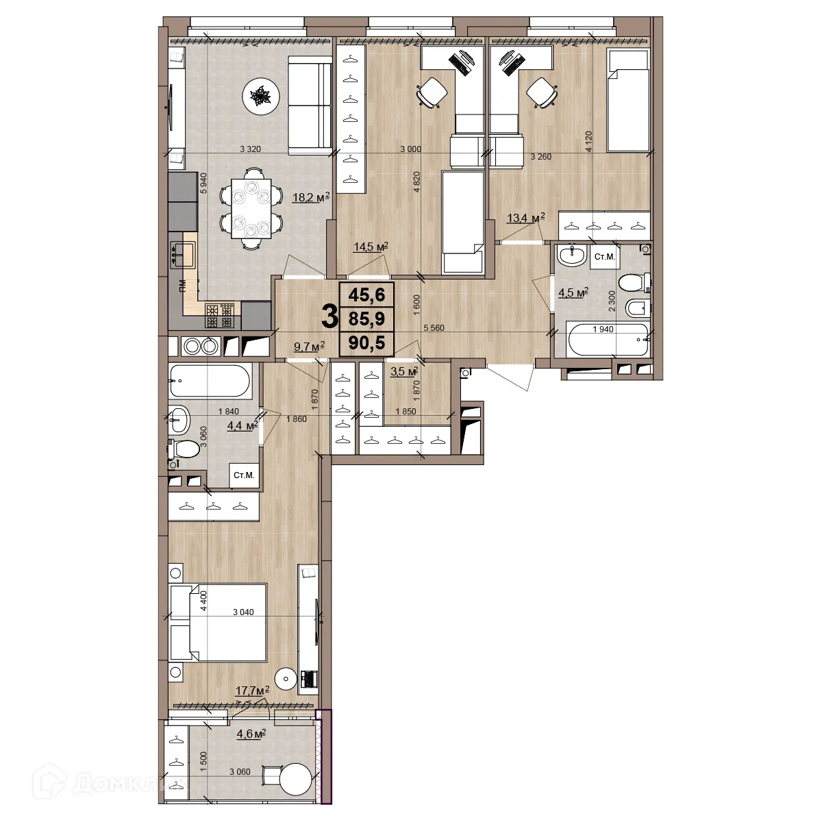 Планировка 3-комнатной квартиры 90.5 м² в ЖК Окская стрелка, г. Рязань — фото 22