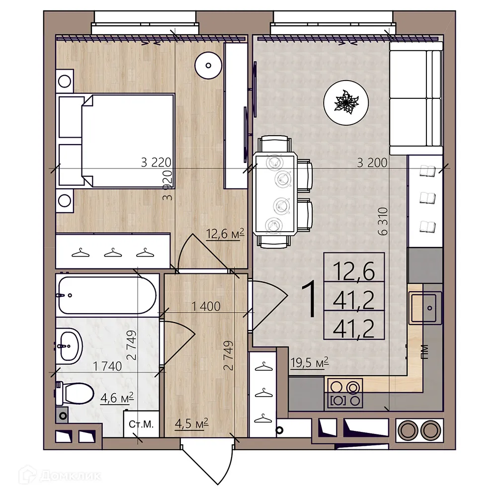 Планировка 1-комнатной квартиры 41.2 м² в ЖК Окская стрелка, г. Рязань — фото 39