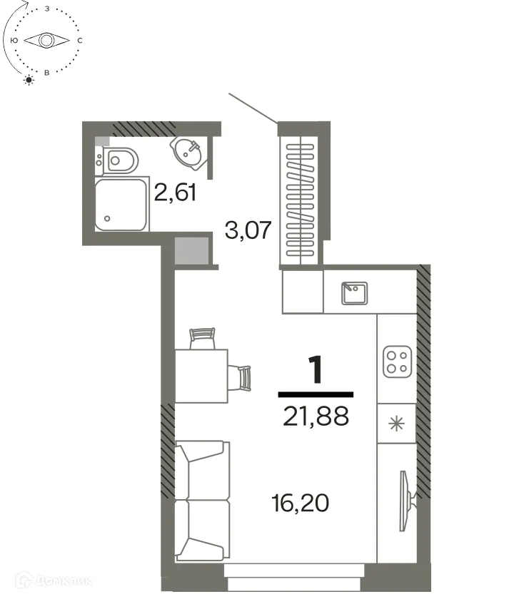 Планировка 1-комнатной квартиры 21.88 м² в ЖК "Северный", г. Рязань — фото 1