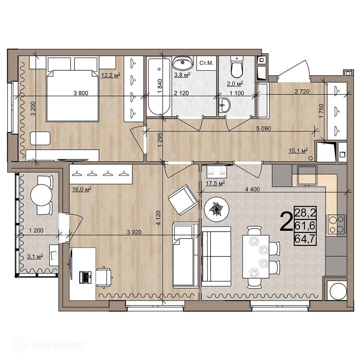 Планировка 2-комнатной квартиры 64.7 м² в ЖК Еврокласс-4, г. Рязань — фото 1