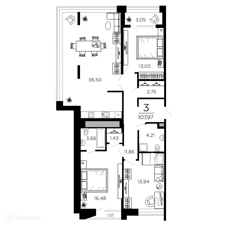 Планировка 3-комнатной квартиры 107.97 м² в ЖК ВЕГА, г. Рязань — фото 1