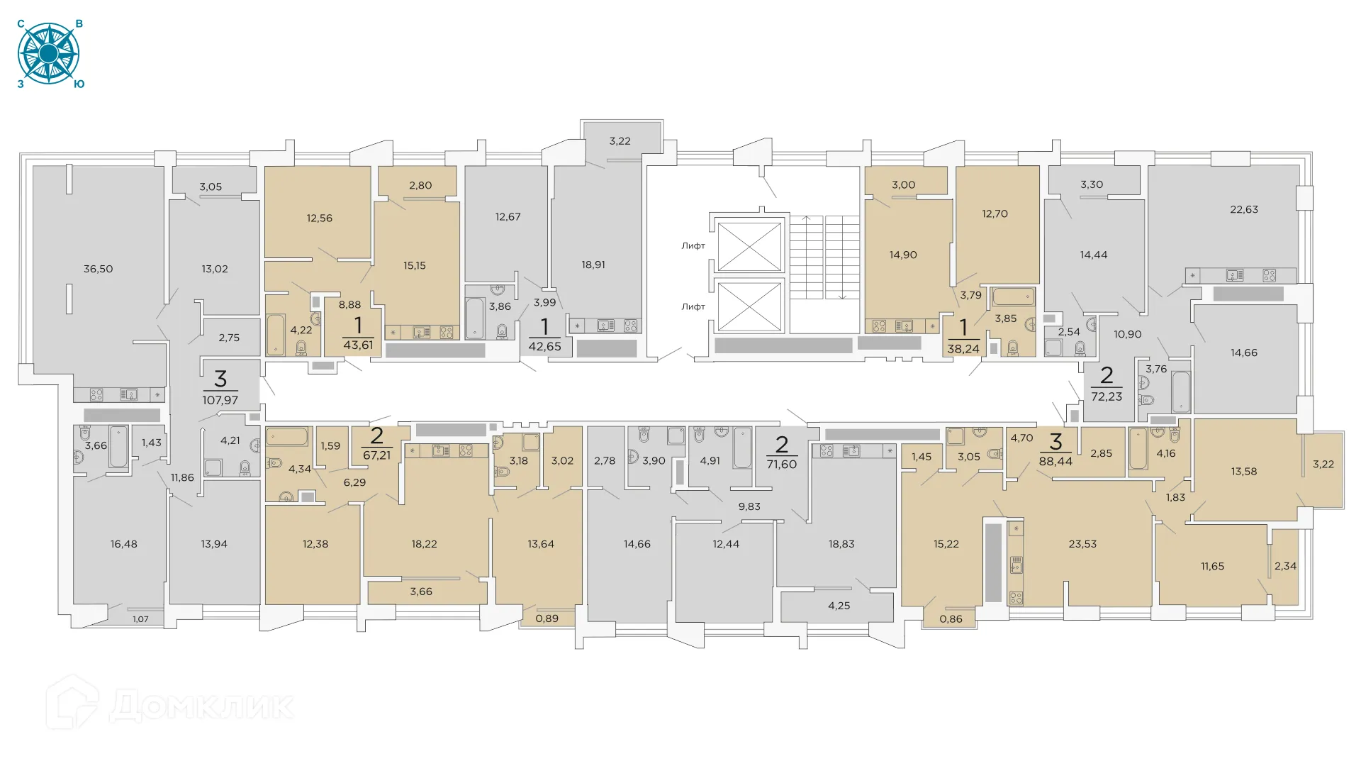Планировка 3-комнатной квартиры 107.97 м² в ЖК ВЕГА, г. Рязань — фото 3