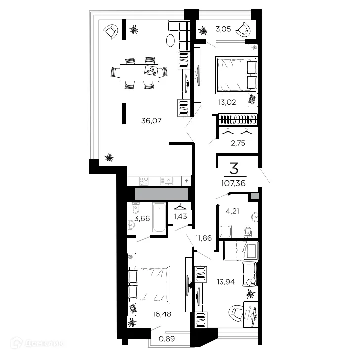 Планировка 3-комнатной квартиры 107.36 м² в ЖК ВЕГА, г. Рязань — фото 1