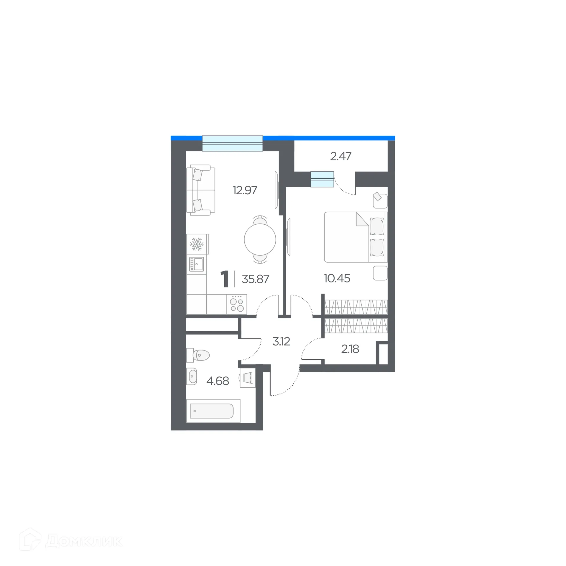 Планировка 1-комнатной квартиры 35.87 м² в ЖК Окские просторы, г. Рязань — фото 1