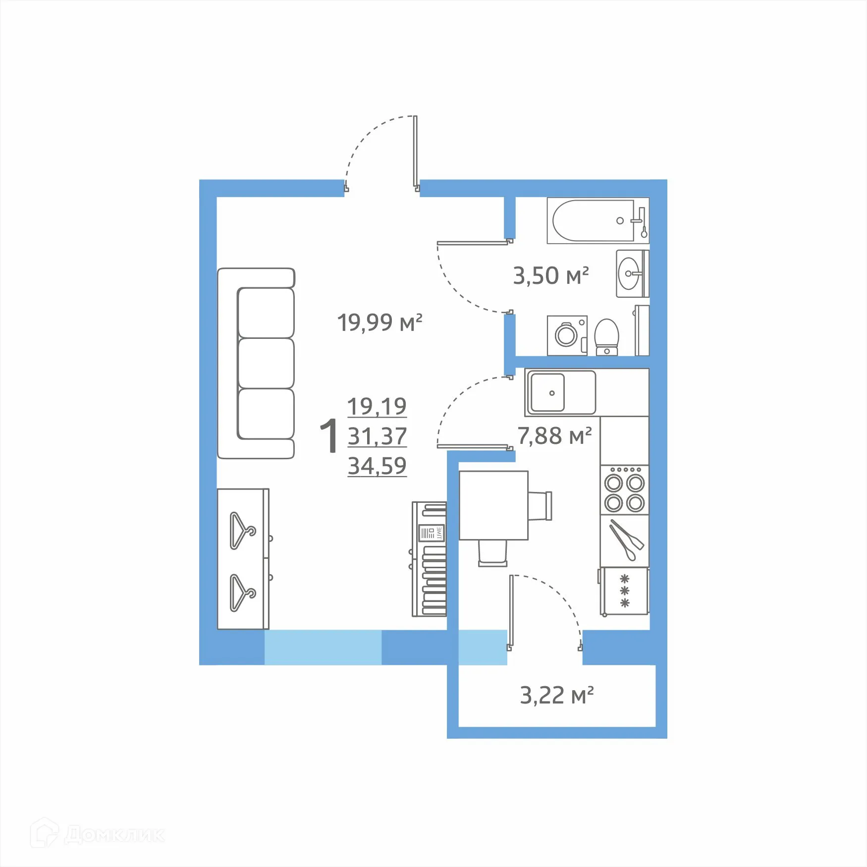 Планировка 1-комнатной квартиры 34.3 м² в ЖК Окские просторы, г. Рязань — фото 1