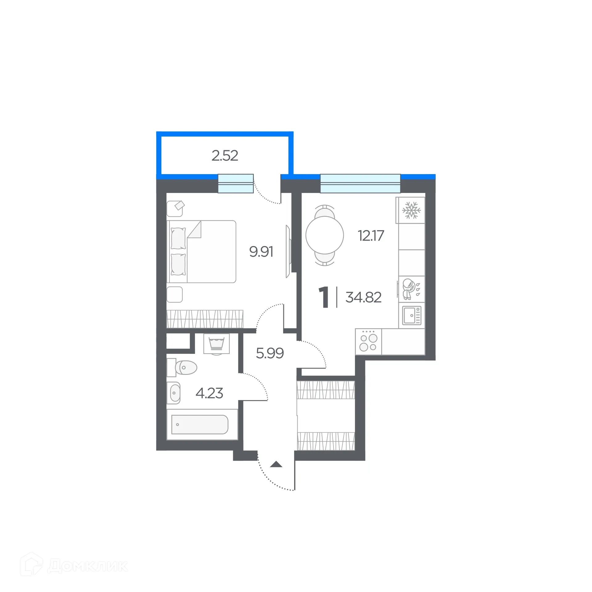 Планировка 1-комнатной квартиры 34.82 м² в ЖК Шереметьевский квартал, г. Дядьково — фото 1