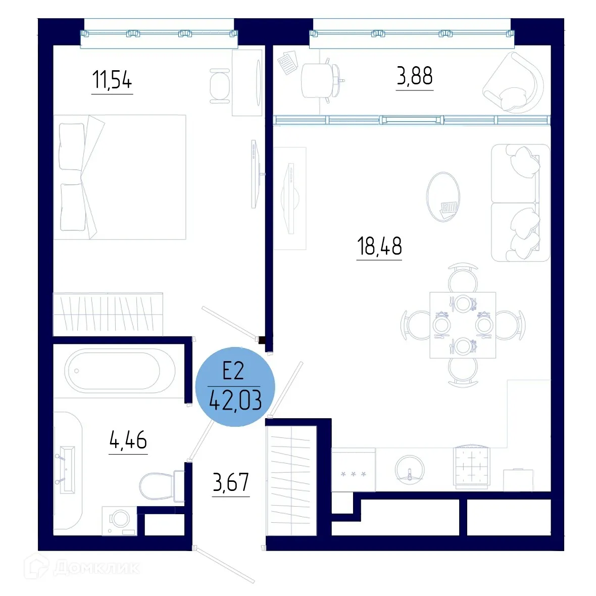 Планировка 1-комнатной квартиры 42.03 м² в ЖК Бульвар оптимистов, г. Дядьково — фото 1