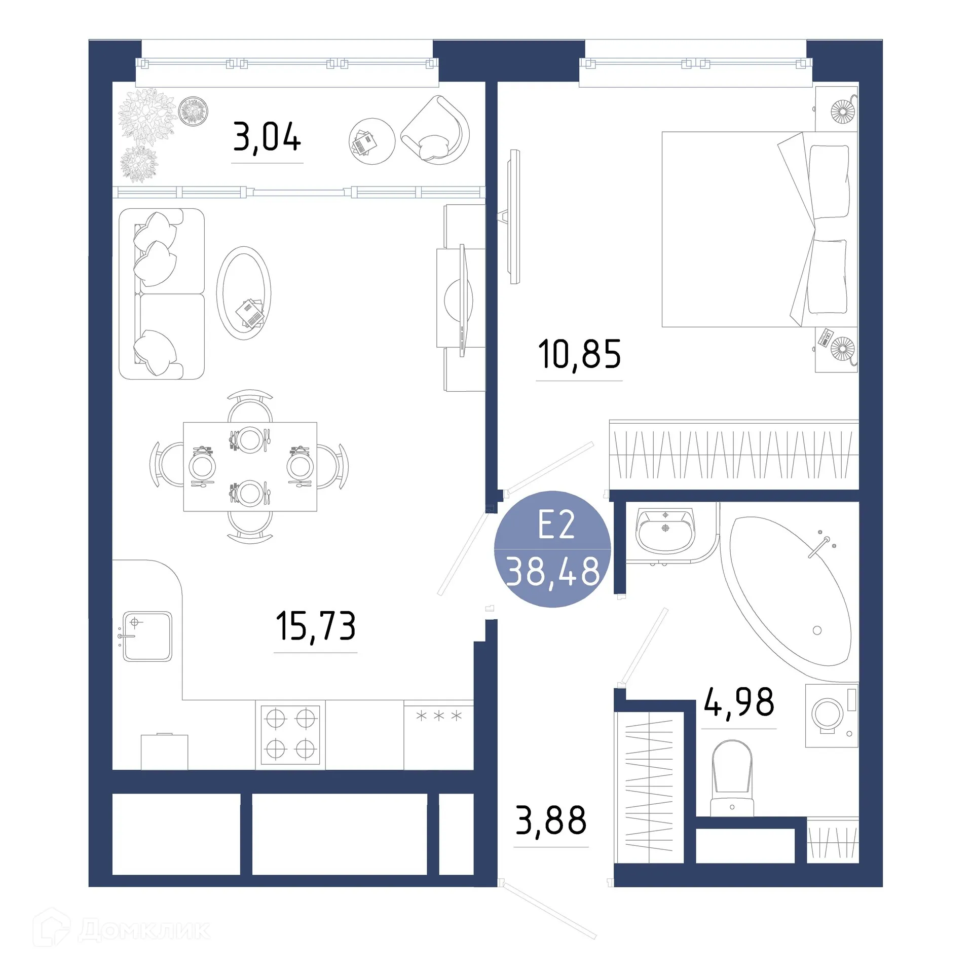 Планировка 1-комнатной квартиры 38.48 м² в ЖК Бульвар оптимистов, г. Дядьково — фото 1
