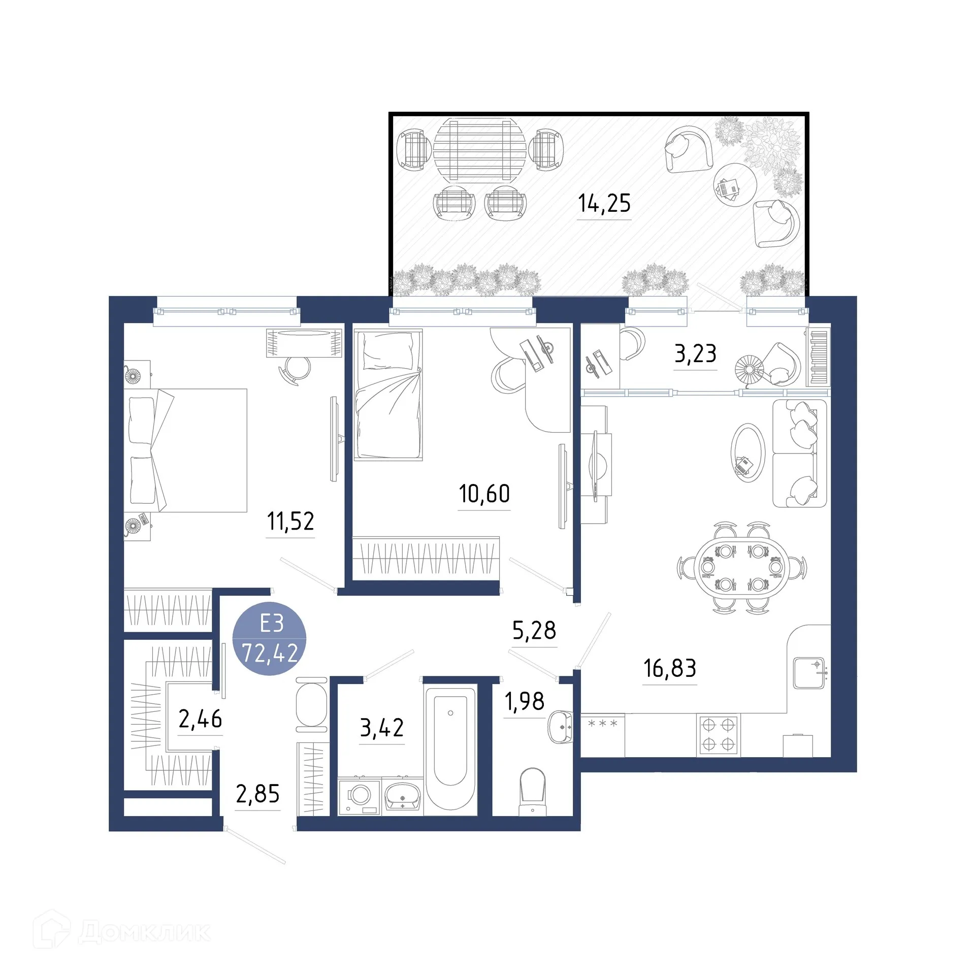 Планировка 2-комнатной квартиры 72.42 м² в ЖК Бульвар оптимистов, г. Дядьково — фото 23
