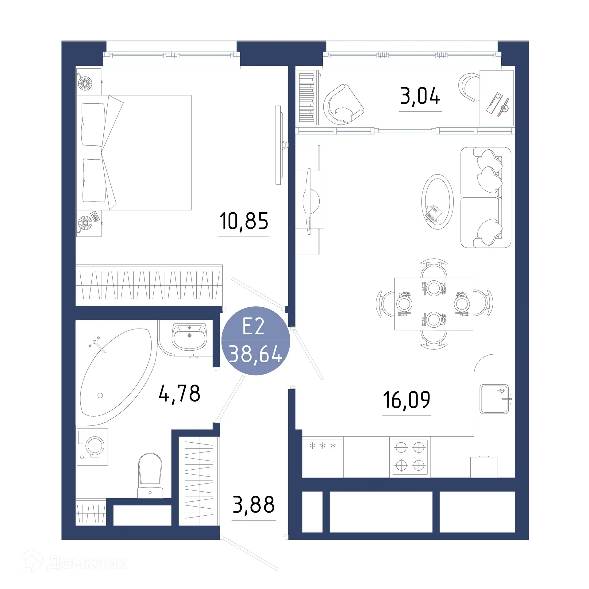 Планировка 1-комнатной квартиры 38.64 м² в ЖК Бульвар оптимистов, г. Дядьково — фото 1