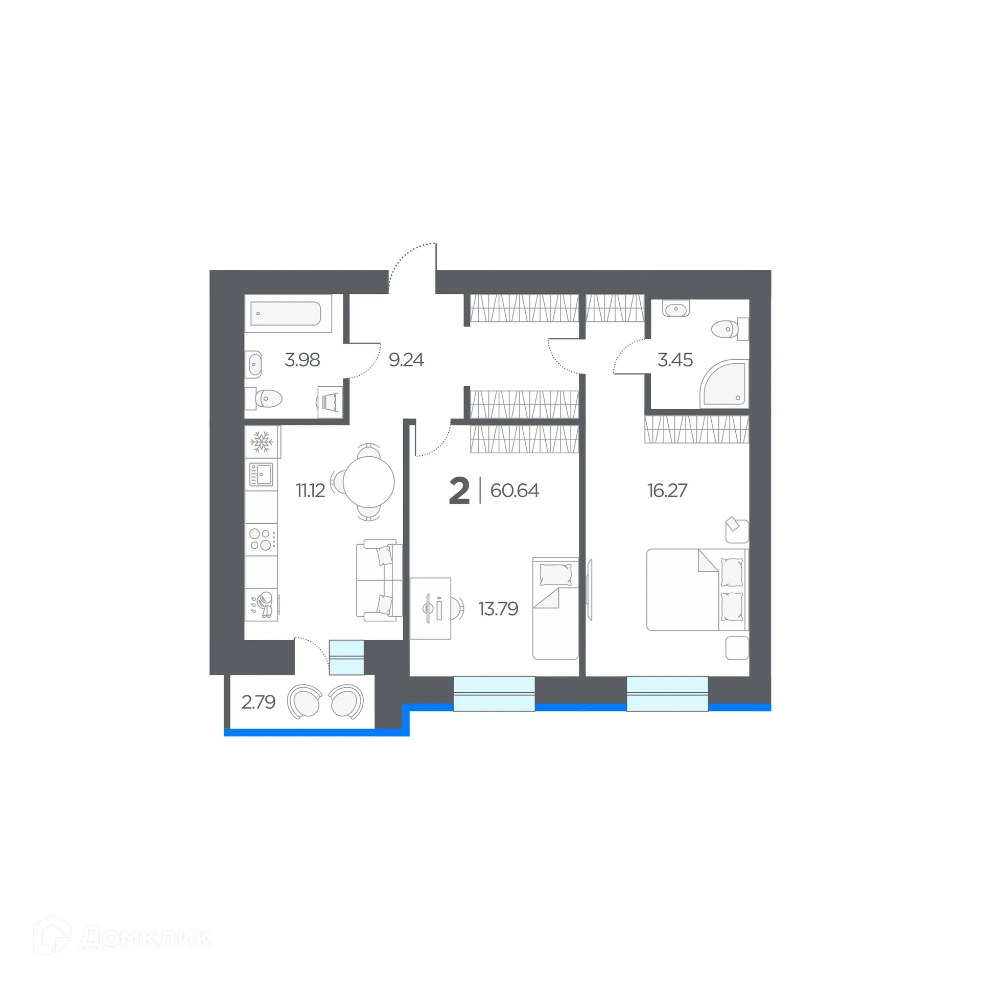 Планировка 2-комнатной квартиры 60.64 м² в ЖК ОГНИ, г. Дядьково — фото 1