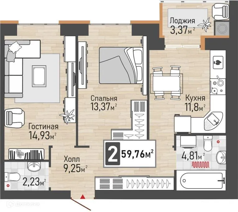Планировка 2-комнатной квартиры 59.76 м² в ЖК Панорама, г. Рыбное — фото 1