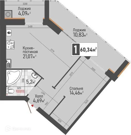 Планировка 1-комнатной квартиры 60.34 м² в ЖК Панорама, г. Рыбное — фото 2