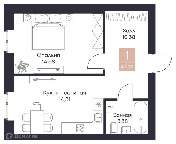 Планировка 1 комн. в ЖК Резиденция Поляна