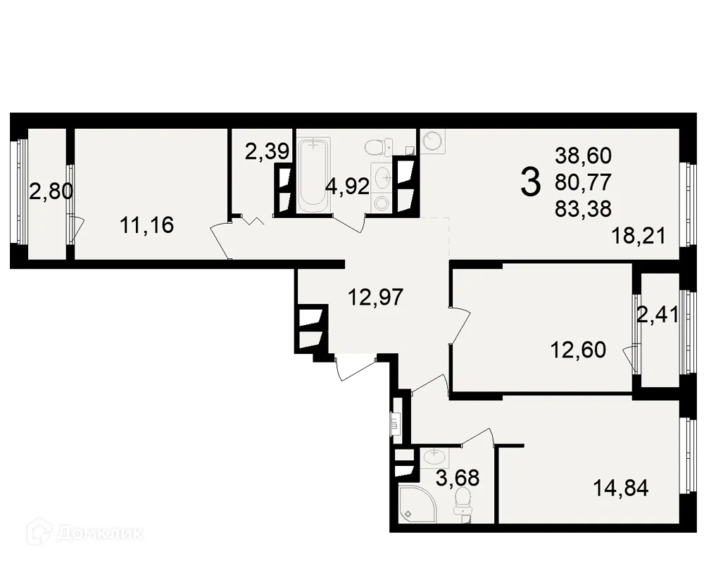 Планировка 3-комнатной квартиры 83.38 м² в ЖК Макроквартал "Свобода", г. Рязань — фото 2