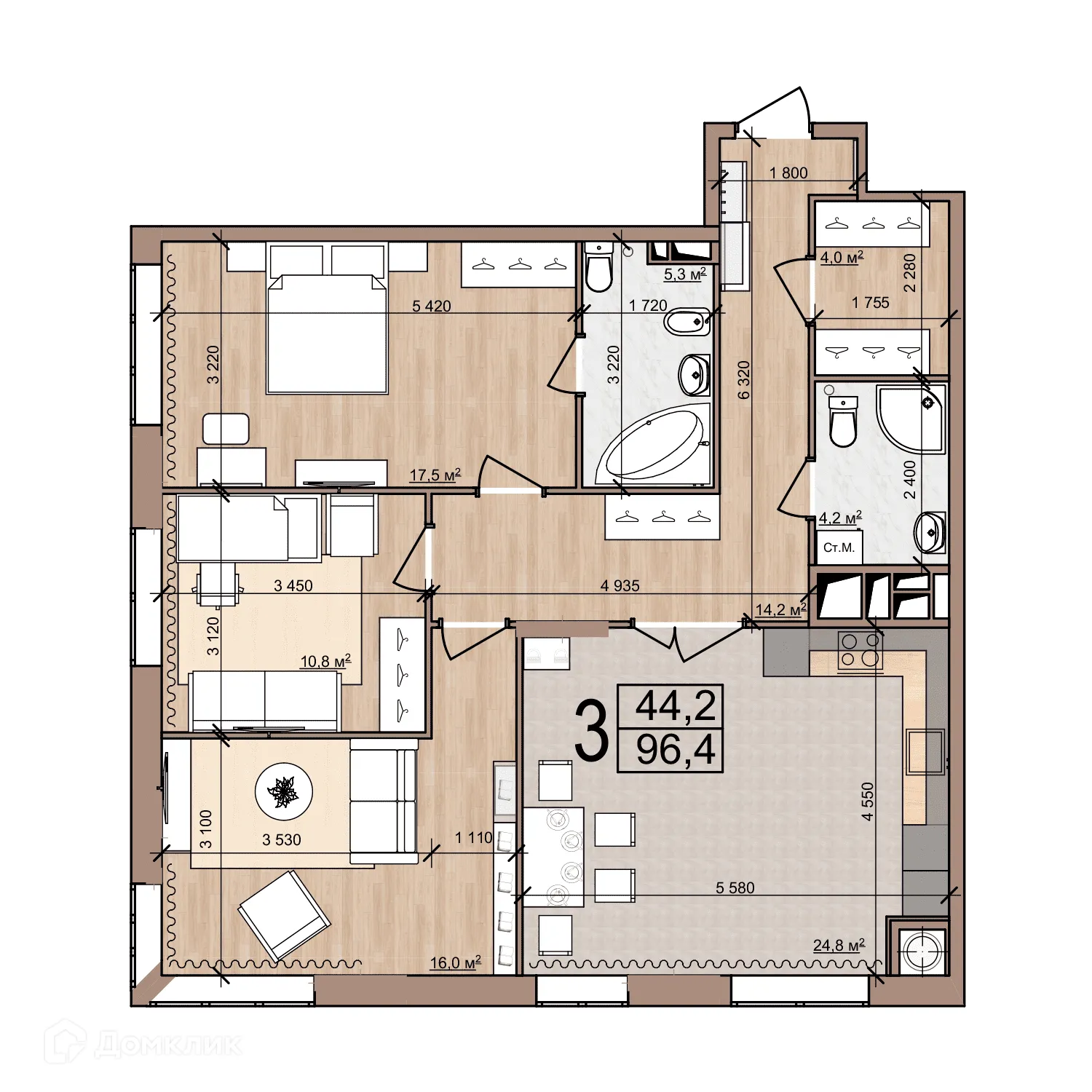 Планировка 3-комнатной квартиры 96.4 м² в ЖК Discovery (Дискавери), г. Рязань — фото 27