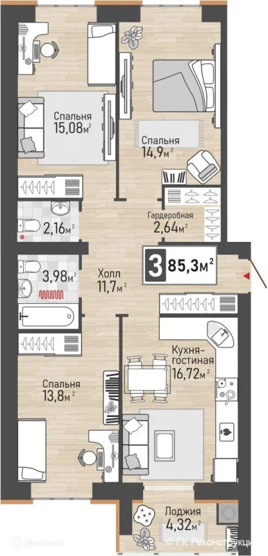 Планировка 3 комн. в ЖК Панорама