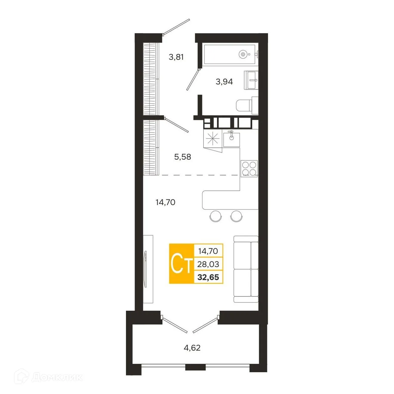 Планировка студии квартиры 32.65 м² в ЖК Ривер Парк, г. Рязань — фото 2