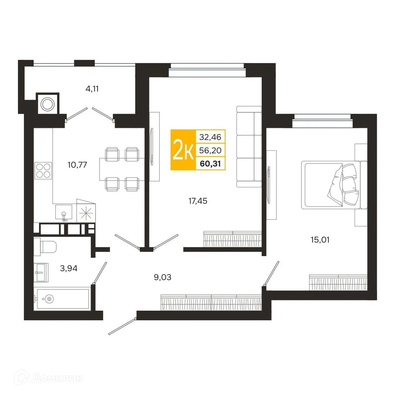 Планировка 2-комнатной квартиры 60.31 м² в ЖК Ривер Парк, г. Рязань — фото 6