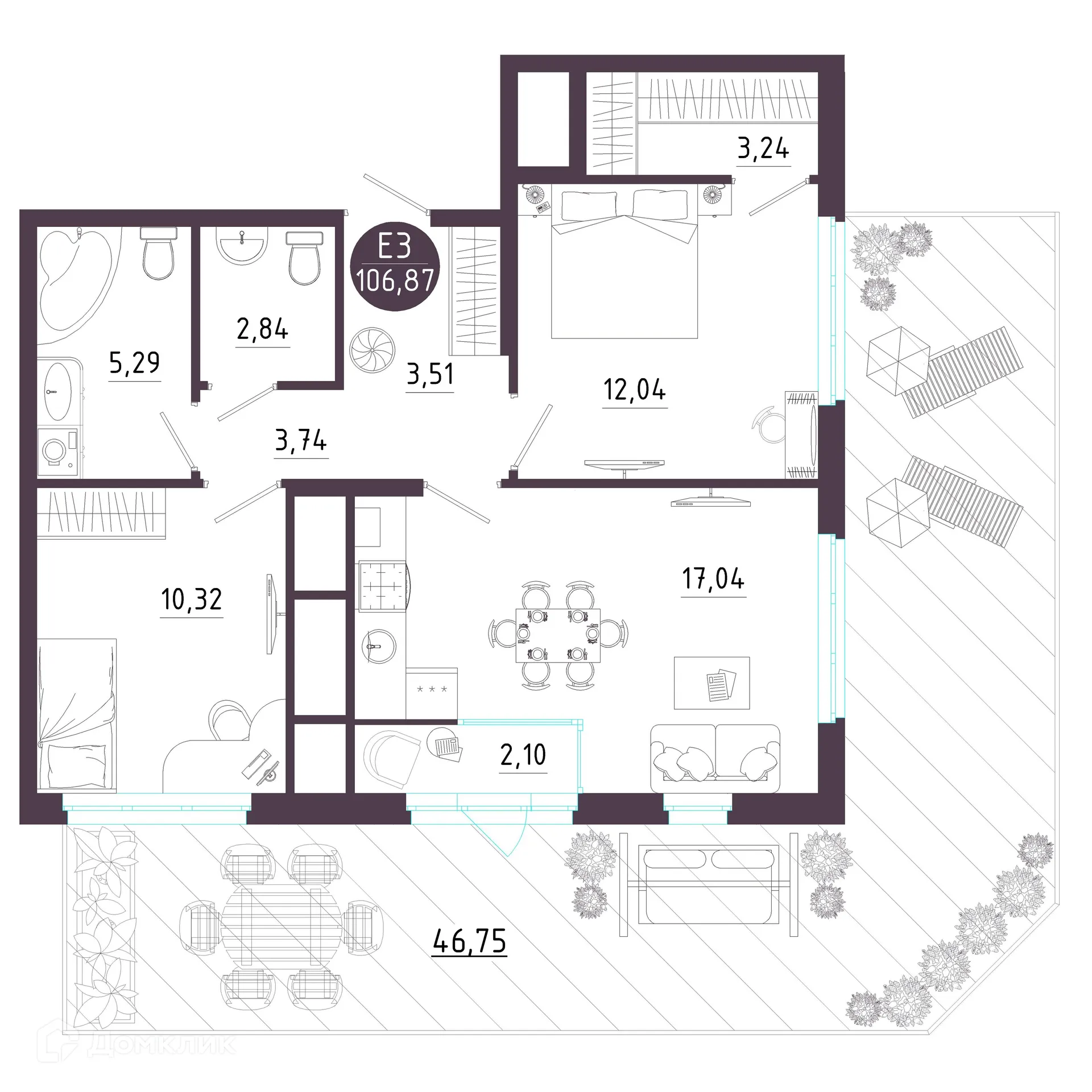 Планировка 2-комнатной квартиры 106.87 м² в ЖК Крылья, г. Рязань — фото 31