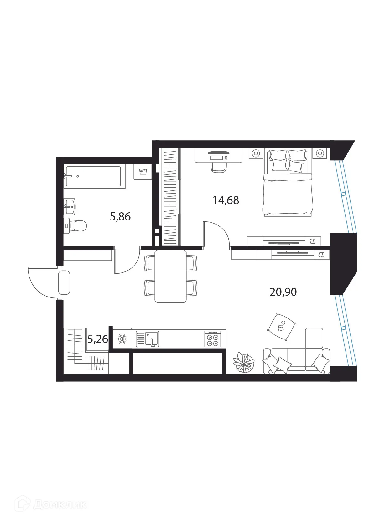 Планировка 1-комнатной квартиры 46.7 м² в ЖК Манхэттен, г. Рязань — фото 1