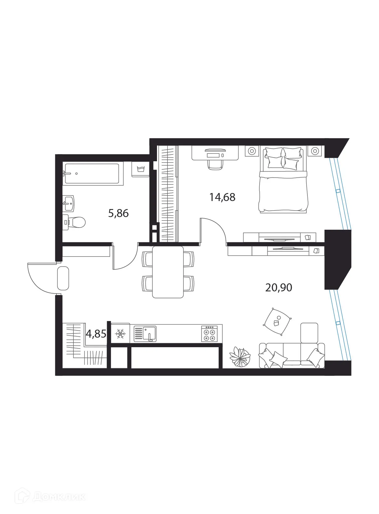 Планировка 1-комнатной квартиры 46.29 м² в ЖК Манхэттен, г. Рязань — фото 1