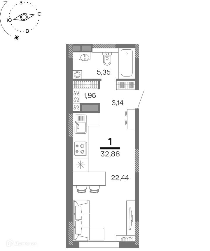 Планировка 1-комнатной квартиры 32.88 м² в ЖК Метропарк 4, г. Рязань — фото 1