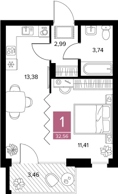 Планировка 1-комнатной квартиры 32.56 м² в ЖК Квартал Дягилев, г. Рязань — фото 2