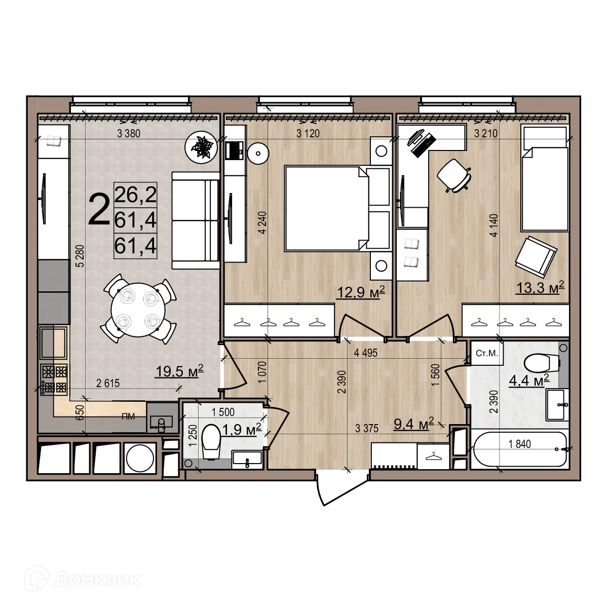 Планировка 2-комнатной квартиры 61.4 м² в ЖК Еврокласс-5, г. Рязань — фото 1